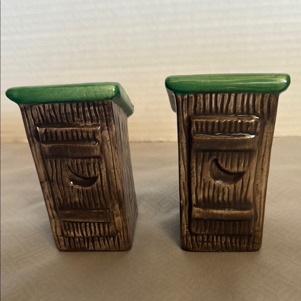 Rustic Country Whimsical Brown and Green Outhouse Salt and Pepper Shakers